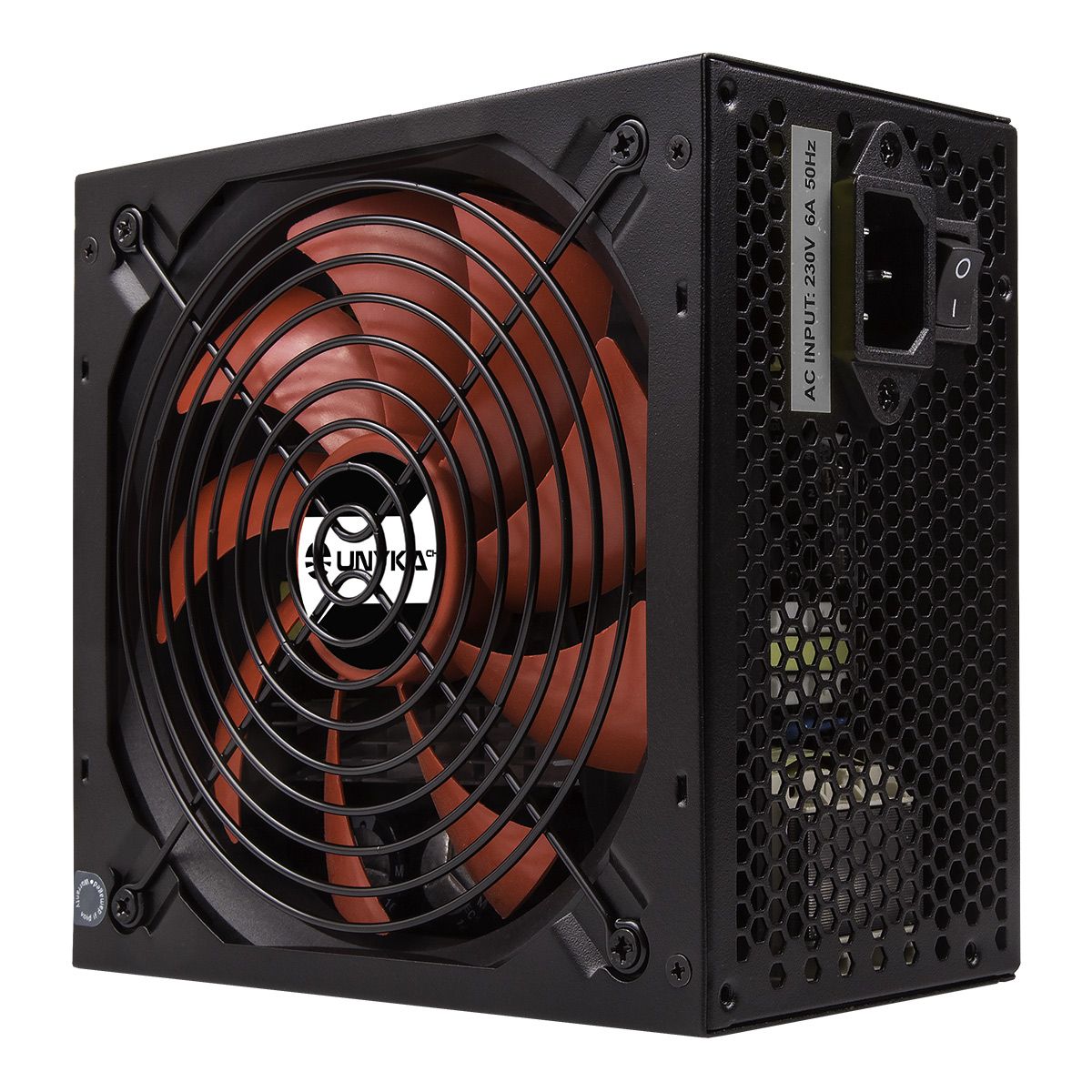 52036/Bulk - Fuente Gaming UNYKA ATX 700W PFC 140mm 24-pin ATX Molex SATA PCIe Bulk Negra/Ventilador Rojo (52036/Bulk)