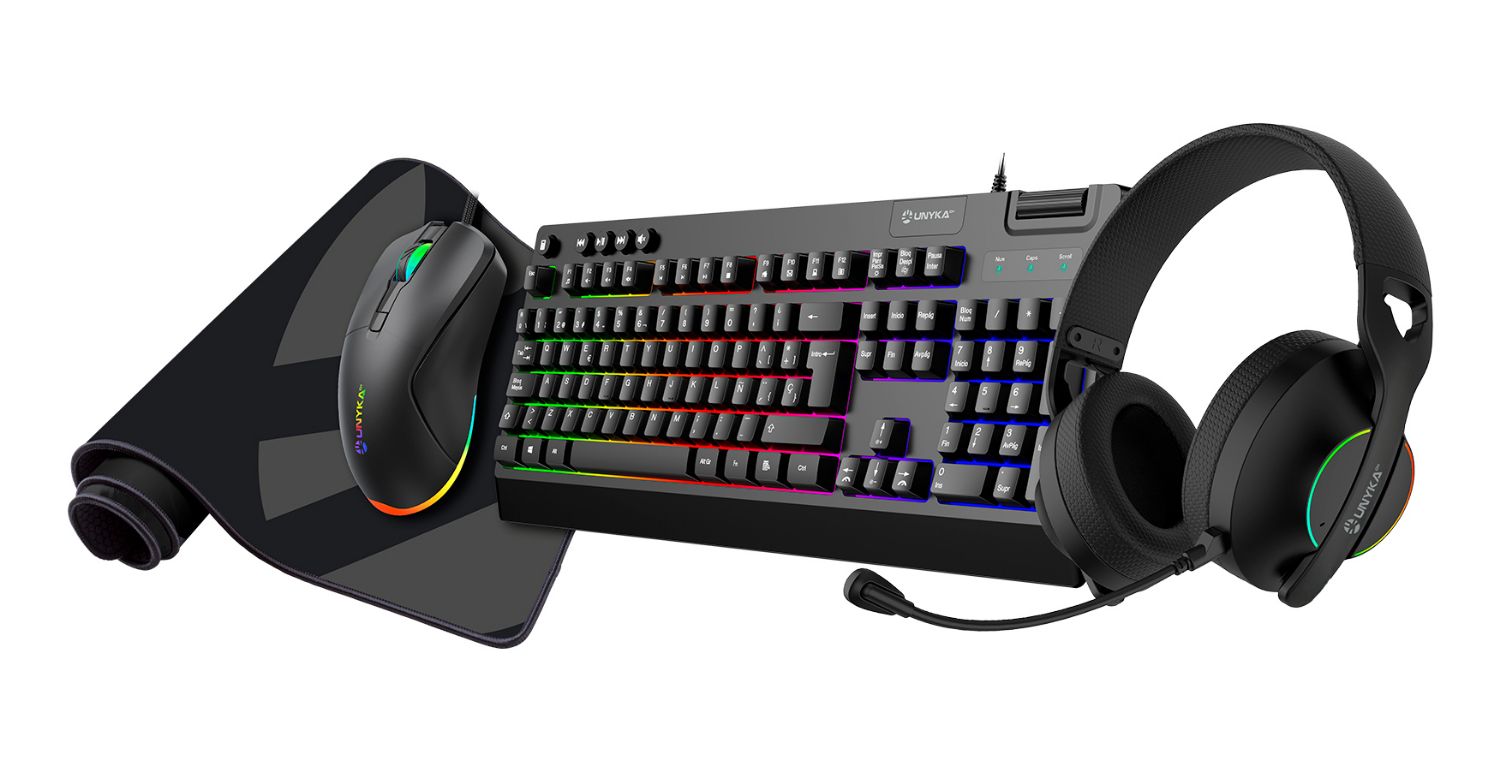 UK594008 - Pack Gaming UNYKA NOVA 4in1 Teclado +Raton +auriculares +Alfombrilla, RGB Negro .(UK594008)