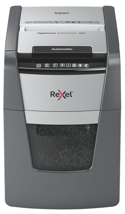 2020090XEU - Destructora Rexel Optimum AutoFeed 90X Papel/Tarjetas de Crdito/Grapas/Clips Corte en Partculas P-4 34L Negra/Gris (2020090XEU)