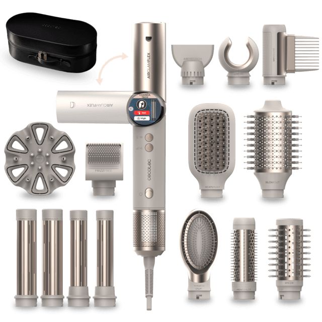 A01_EU01_114727 - Cepillo Moldeador de pelo Cecotec AirGlam 14in1 Flex Champagne, Cepillo moldeador, con 14 accesorios, funcin flex, pantalla digital y estuche de cuero. (A01_EU01_114727)