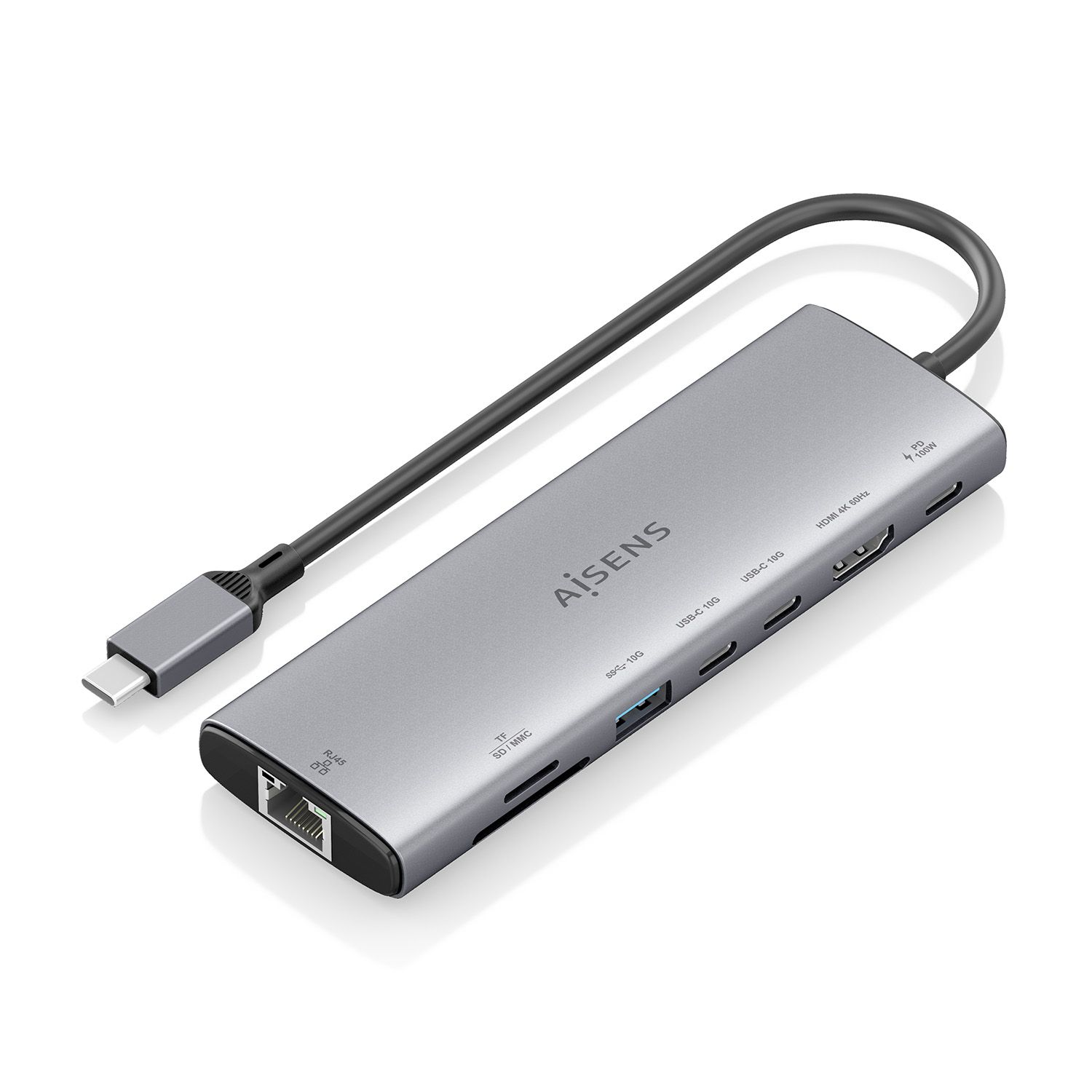 ASUC-8P033-GR - Docking Station Aisens 8en1 Usb-C a 1xHDMI, 1xRJ45, 1xUSB-A 10G, 2xUSB-C 10G, 1xSD, 1xMicro SD, 1xUSB-C PD 100W, Gris.(ASUC-8P033-GR)