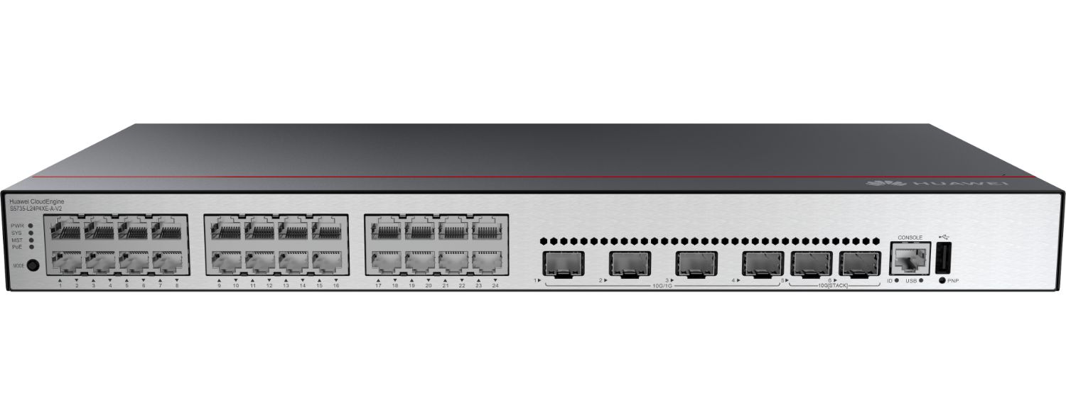 98012026 - Switch Huawei S5735-L24P4XE-A-V2 Gestionado L3 24xRJ45 4xSFP+ 1xUSB 2.0 Ethernet GbE PoE 400W Rack 1U Negro/Plata (98012026)