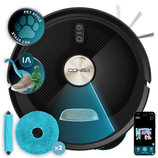 A01_EU01_115944 - Robot aspirador Cecotec Conga M100 Spin AI, con mopas giratorias elevables. Inteligencia Artificial y 20000 Pa de succin. Cepillo de silicona antienredos. Autonoma hasta 220?m2. Control App 3.0. (A01_EU01_115944)