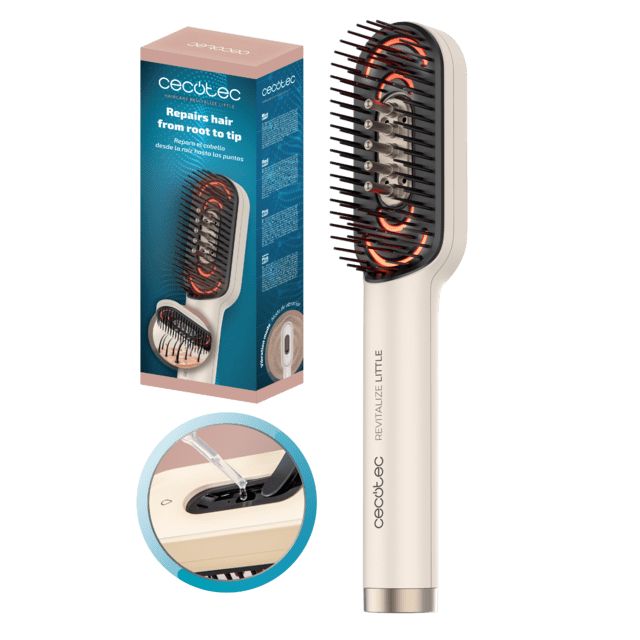 A01_EU01_116308 - Cepillo Reparador Cecotec HairCare Revitalize Little, con Luz LED, Aplicador de Serum y Masaje Vibratorio, Cuida, Repara y Estimula el Crecimiento del Cabello, 4 Luces LED, Tratamiento Capilar en Casa (A01_EU01_116308)