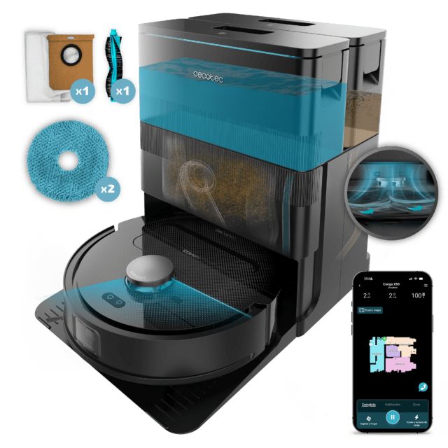 A01_EU01_114480 - Robot aspirador Cecotec Conga X50 con Motor de succi�n 15000 Pa. Base 4en1, navegaci�n l�ser, mopas spin, cepillo lateral. Base total de autovaciado de polvo, agua y limpieza de las mopas. App y conexi�n Bluetooth y WiFi para redes 2.4Gh (A01_EU01_114480)