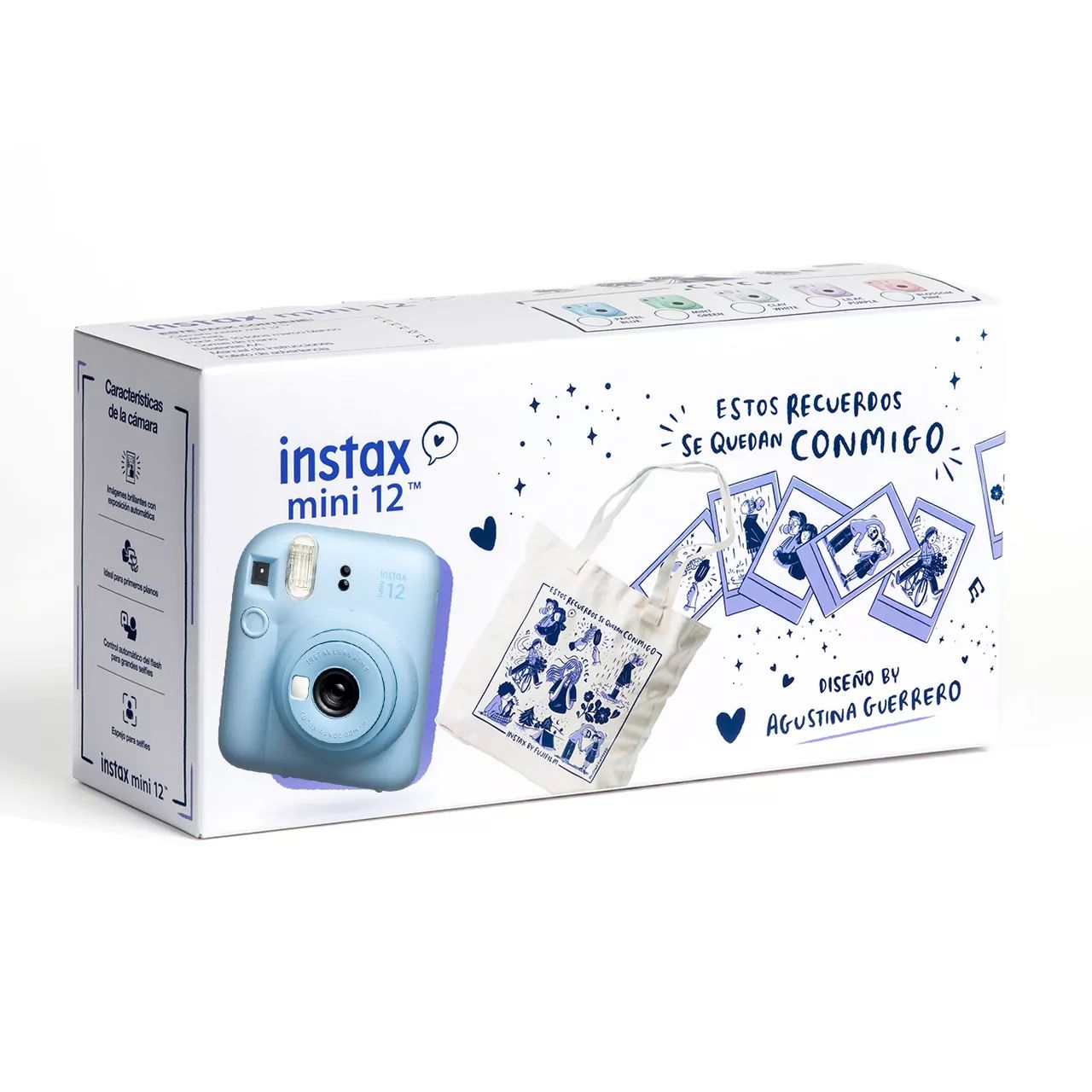 70100171929 - C�mara Fujiflim Instax mini 12, Kit navidad Pastel Blue.incluye Tote Bag, Pack 10hojas, Correa, Bateria AA