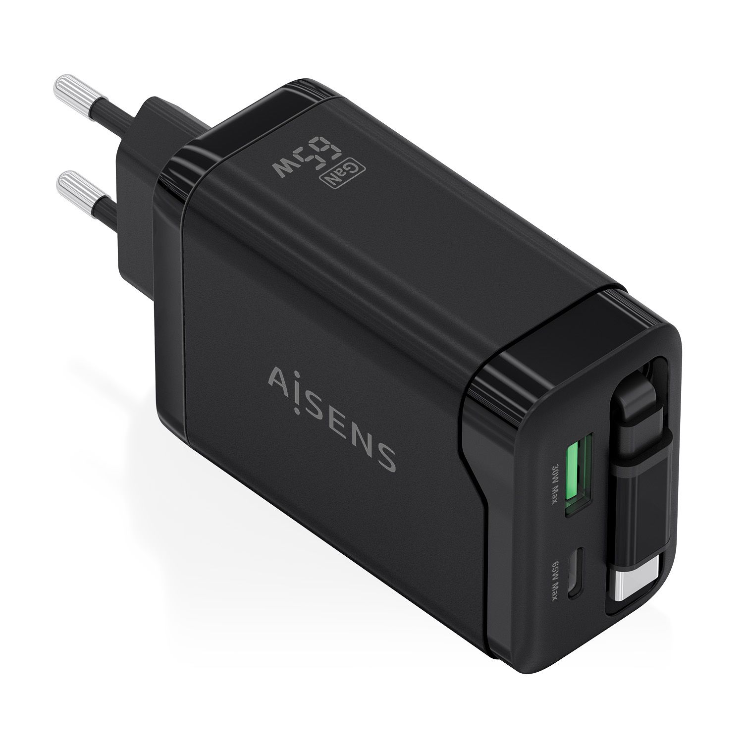 ASCH-65W3P071-BK - Cargador de Pared Aisens GaN 1Usb-A, 1Usb-C PD3.0, 65W Cable Retr�ctil Usb-C, Negro. (ASCH-65W3P071-BK)