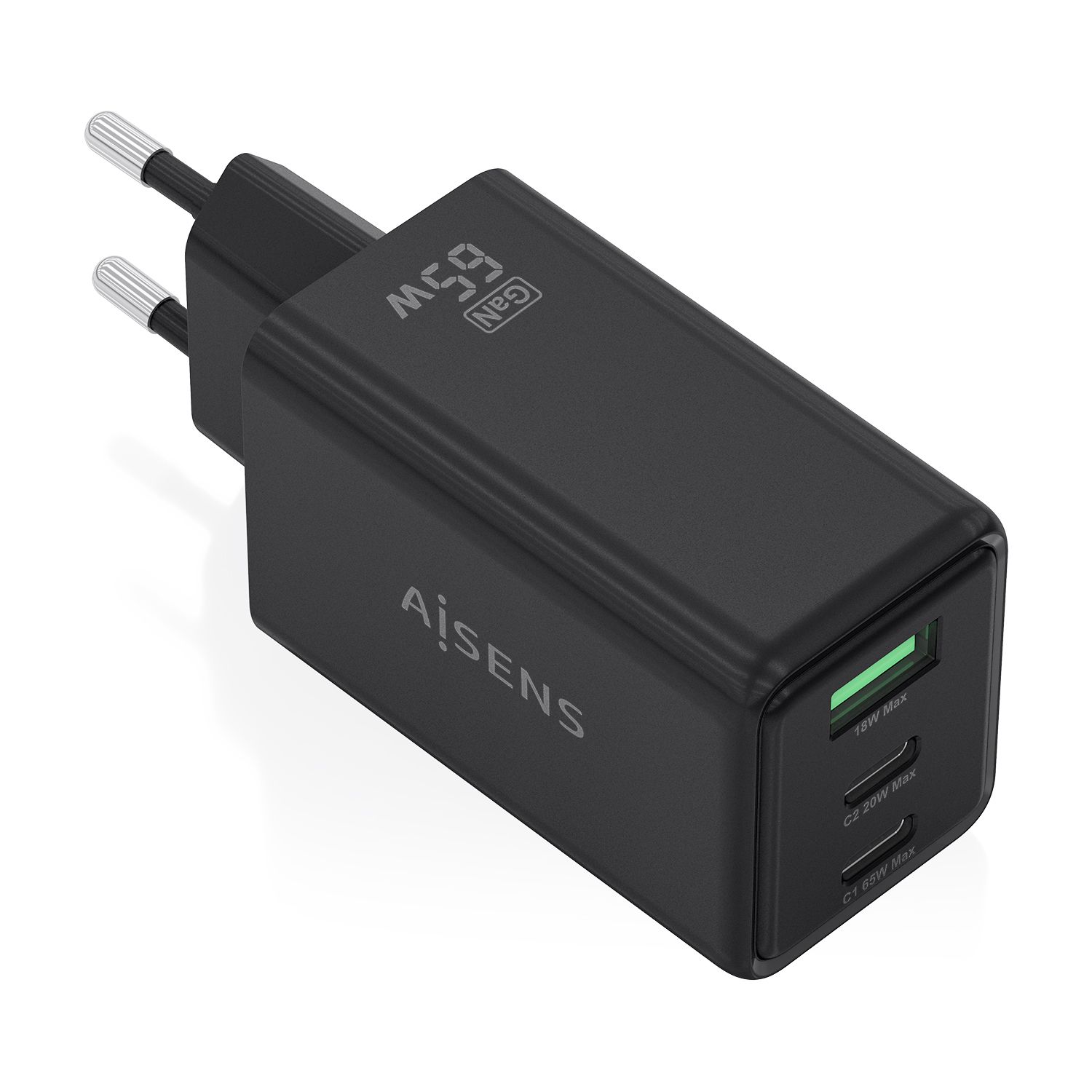 ASCH-65W3P073-BK - Cargador de Pared Aisens GaN 2Usb-C Usb-C 65W Negro (ASCH-65W3P073-BK)