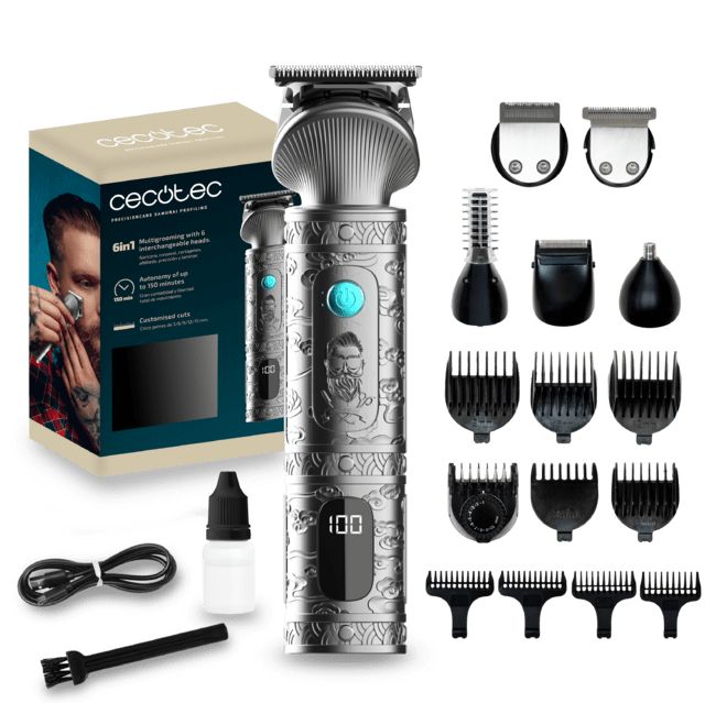 04458 - Perfiladora CecotecPrecisionCare Samurai Profiling, Multigrooming con 6 cabezales, 10 peines para diferentes zonas, cuchilla de acero inoxidable y 170 minutos de autonom�a. (04458)