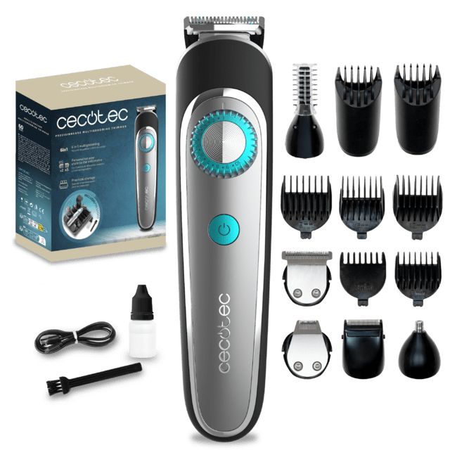 A01_EU01_100059 - Cortapelo Cecotec PrecisionCare Multigrooming Trimmer con 6 cabezales, con 5 peines en medidas de 3/6/9/12/15 mm, y 2 peines regulables de 1 a 10 mm y de 11 a 20 mm, un peine corporal y resistencia IPX7.(A01_EU01_100059)