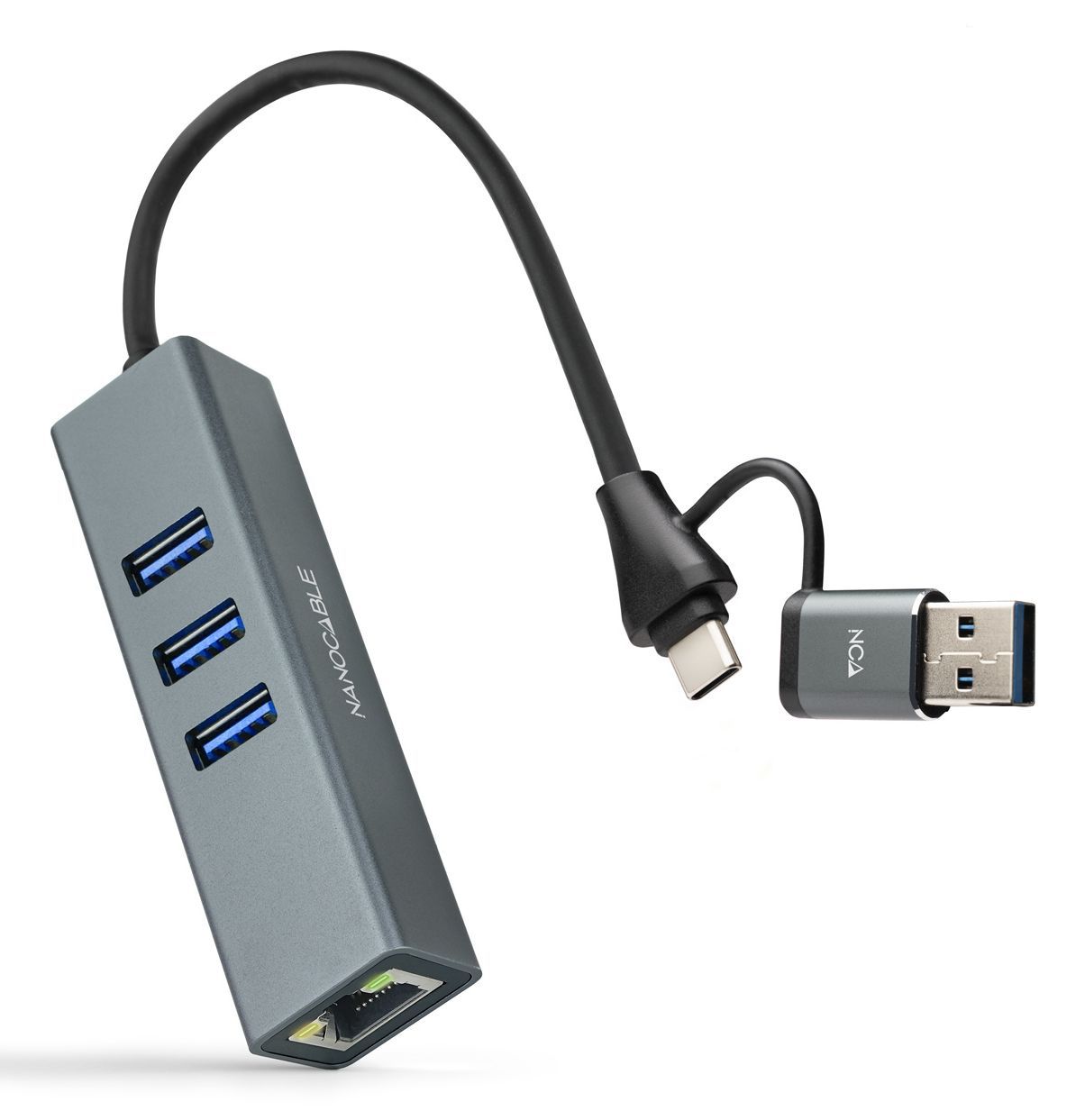 10.03.0412 - Conversor Nanocable USB-A+USB-C/M 3.0 a RJ45+3xUSB-A 3.0 15cm Gris (10.03.0412)