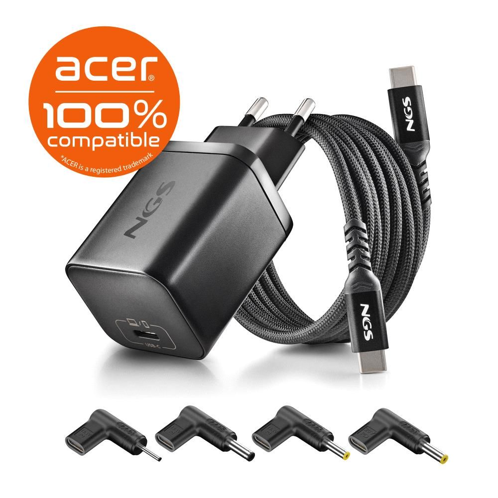 BUD65W-AC - Cargador NGS GaN para port�til Acer Usb-C 65W, cable Usb-C 1.5m, 4Conectores, Negro. (BUD65W-AC)