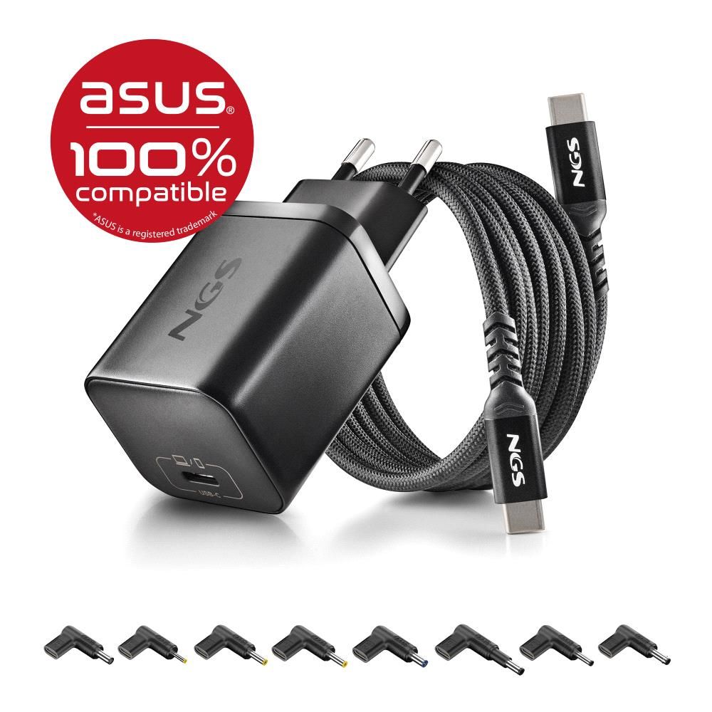 BUD65W-AS - Cargador NGS GaN para port�til Asus Usb-C 65W, cable Usb-C 1.5m, 8Conectores, Negro. (BUD65W-AS)