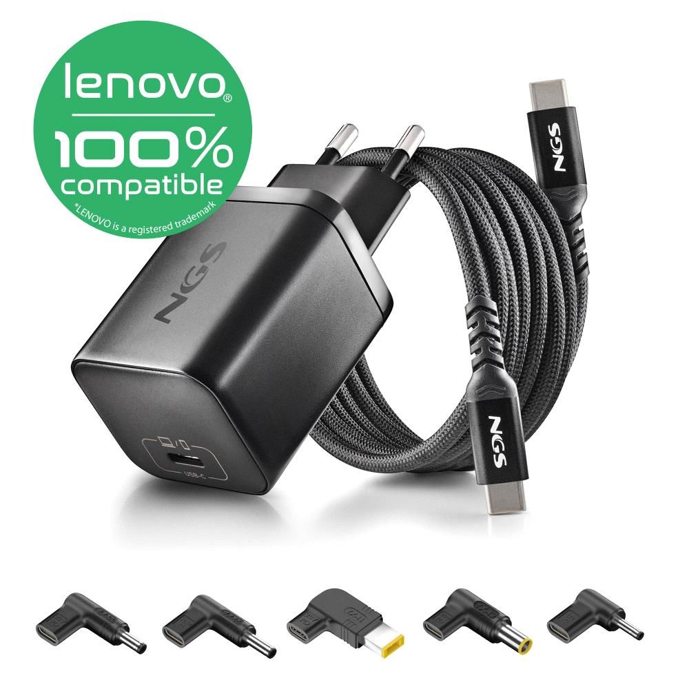 BUD65W-L - Cargador NGS GaN para port�til Lenovo Usb-C 65W, cable Usb-C 1.5m, 5Conectores, Negro. (BUD65W-L)