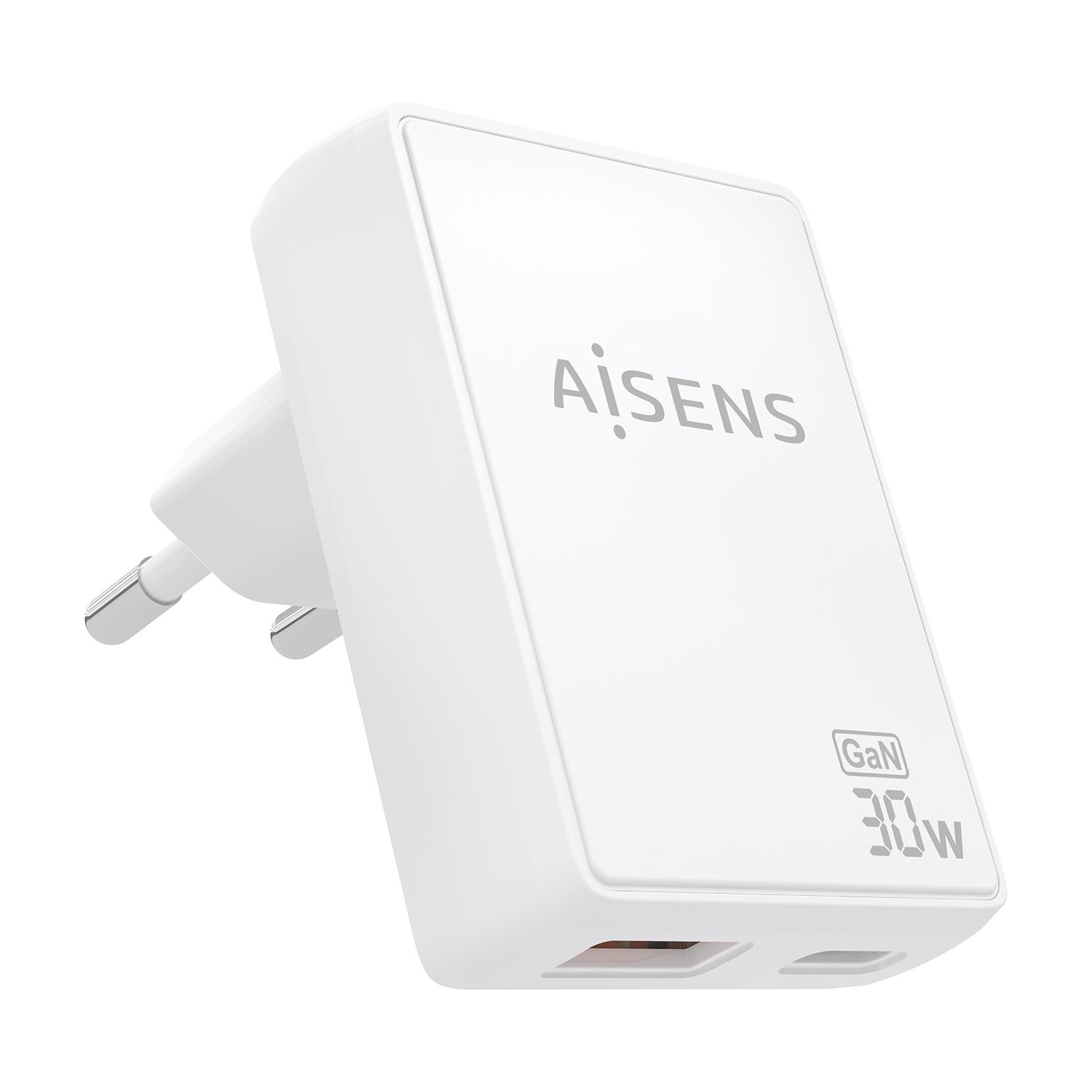 ASCH-30W2P074-W - Cargador de Pared AISENS GaN 30W PD 3.0 QC 3.0 1xUSB-A 1xUSB-C Blanco (ASCH-30W2P074-W)