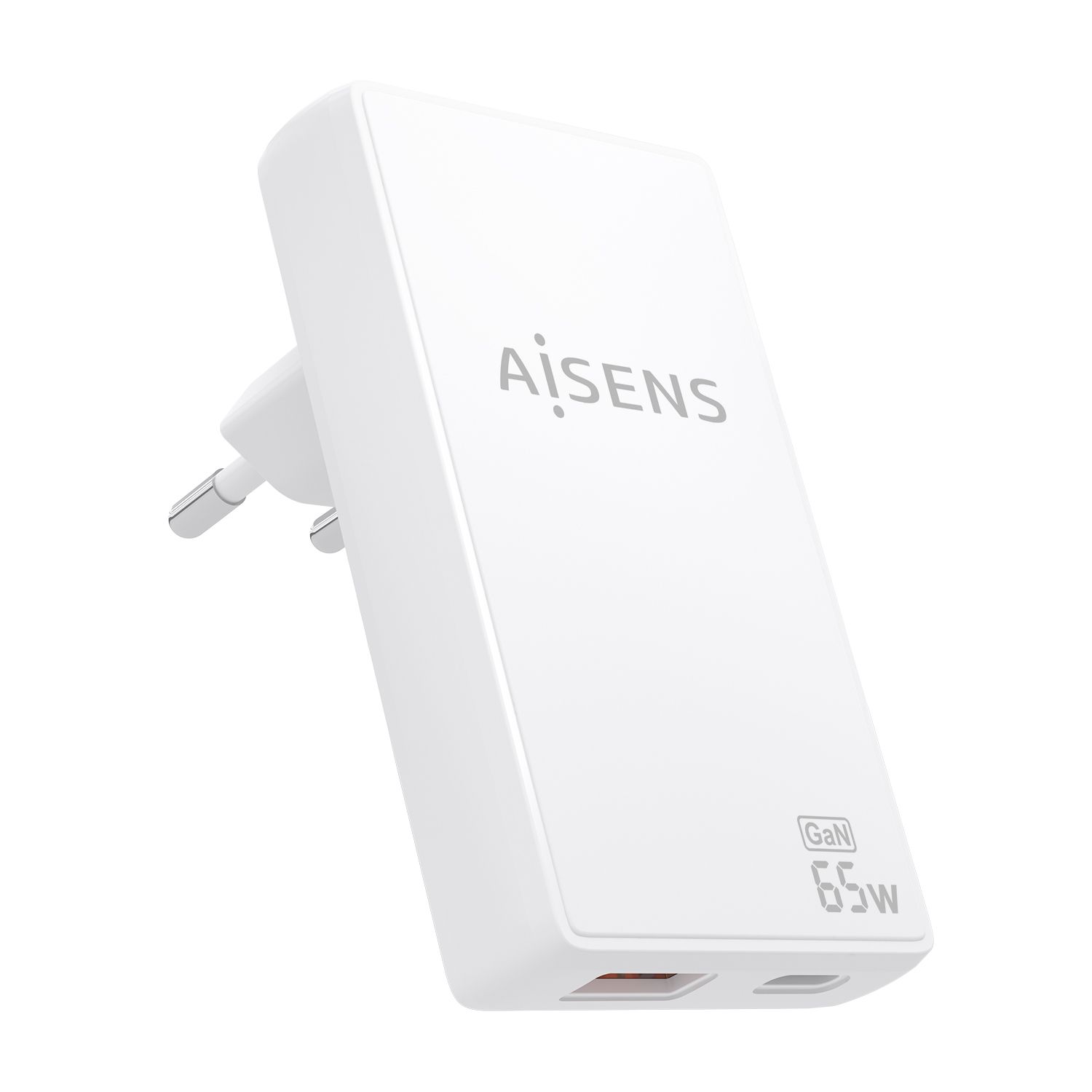 ASCH-65W2P076-W - Cargador de Pared AISENS GaN 65W PD 3.0 QC 3.0 1xUSB-A 1xUSB-C Blanco (ASCH-65W2P076-W)