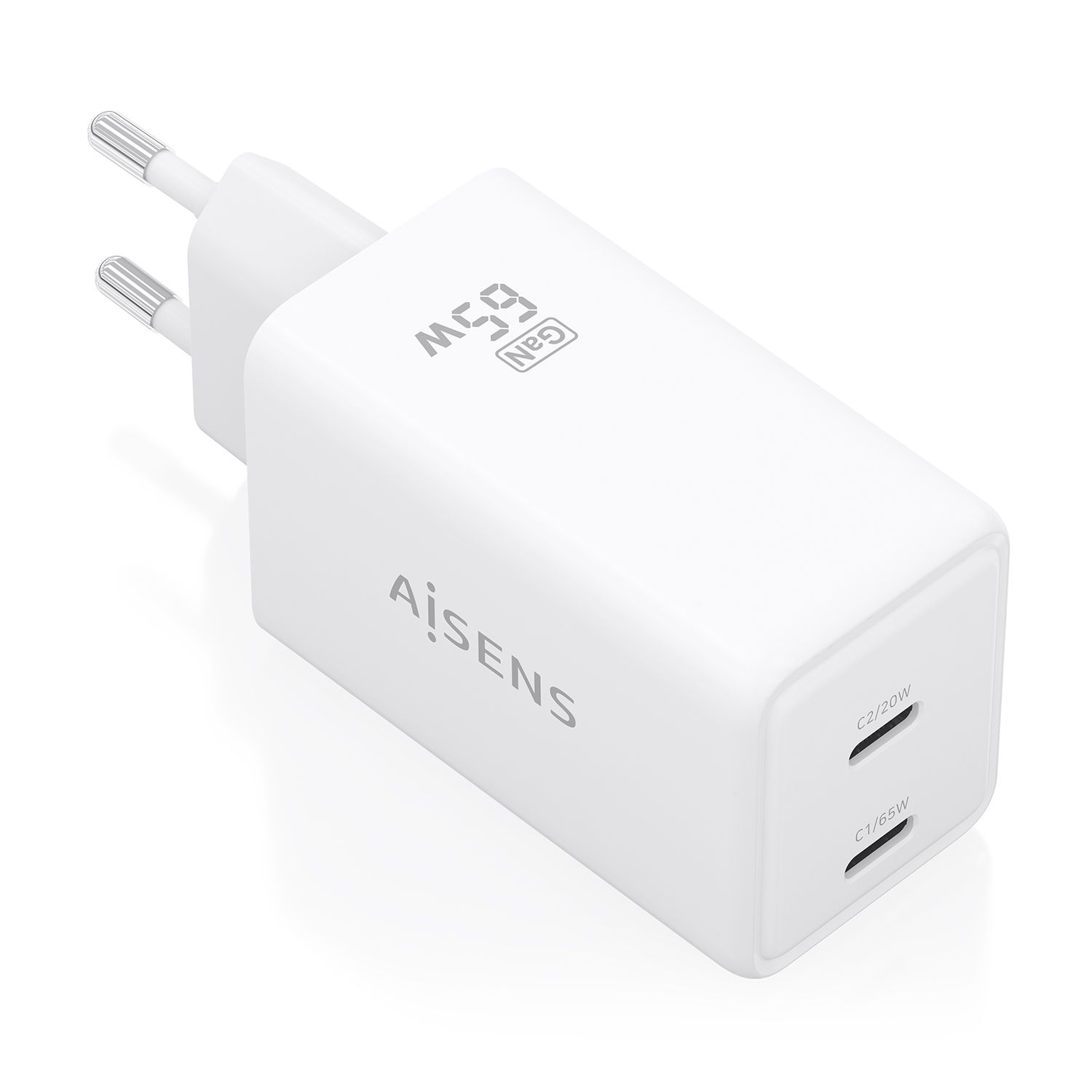ASCH-65W2P078-W - Cargador de Pared AISENS GaN 65W PD 3.0 QC 3.0 2xUSB-C Blanco (ASCH-65W2P078-W)