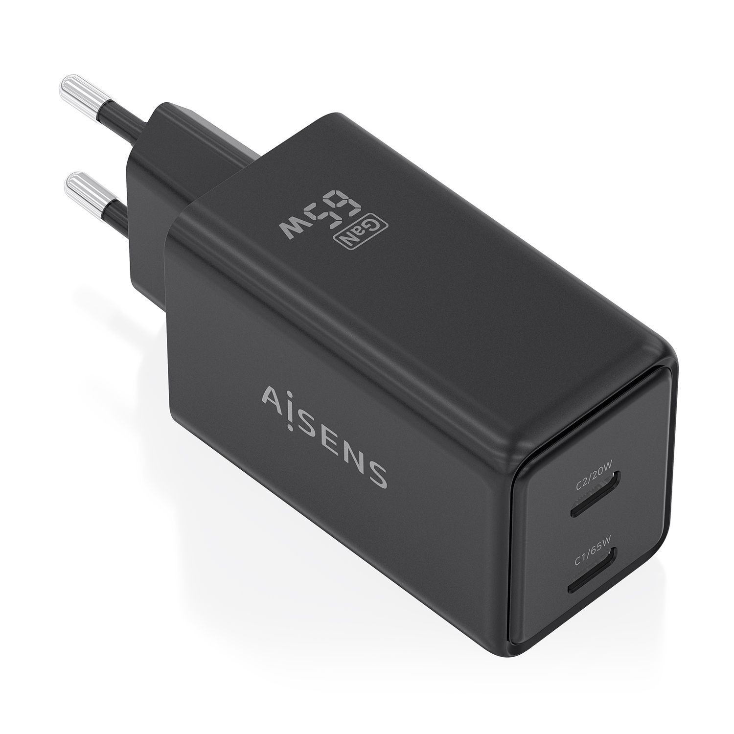 ASCH-65W2P079-BK - Cargador de Pared AISENS GaN 65W PD 3.0 QC 3.0 2xUSB-C Negro (ASCH-65W2P079-BK)