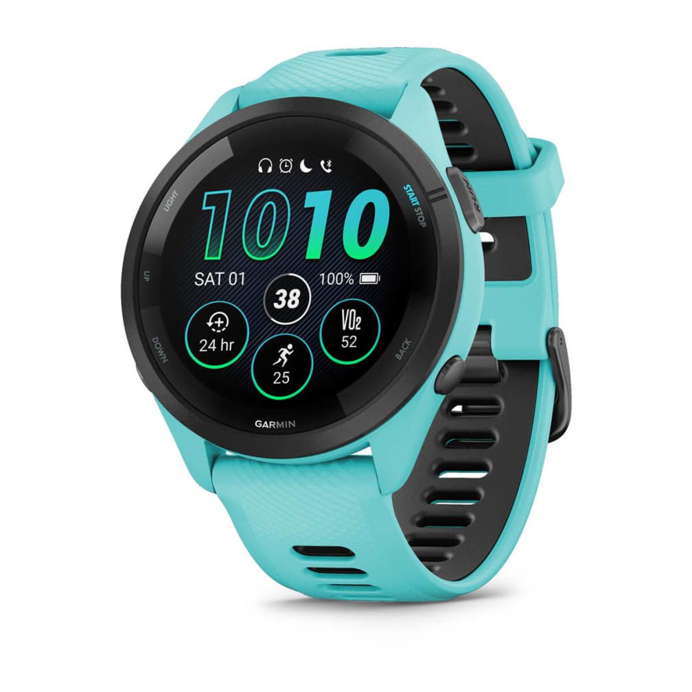 010-02810-12 - Smartwatch Garmin Forerunner 265 46mm Bisel negro con carcasa en turquesa y correa de silicona en turquesa/negro. (010-02810-12)