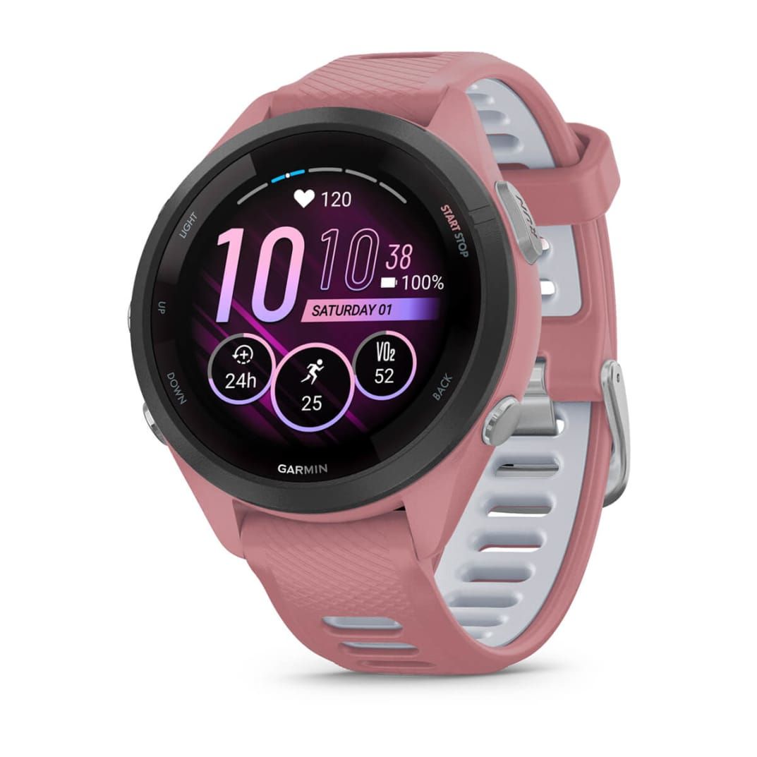 010-02810-15 - Smartwatch Garmin Forerunner 265S 42mm Bisel negro con carcasa en rosa y correa de silicona en rosa/gris. (010-02810-15)