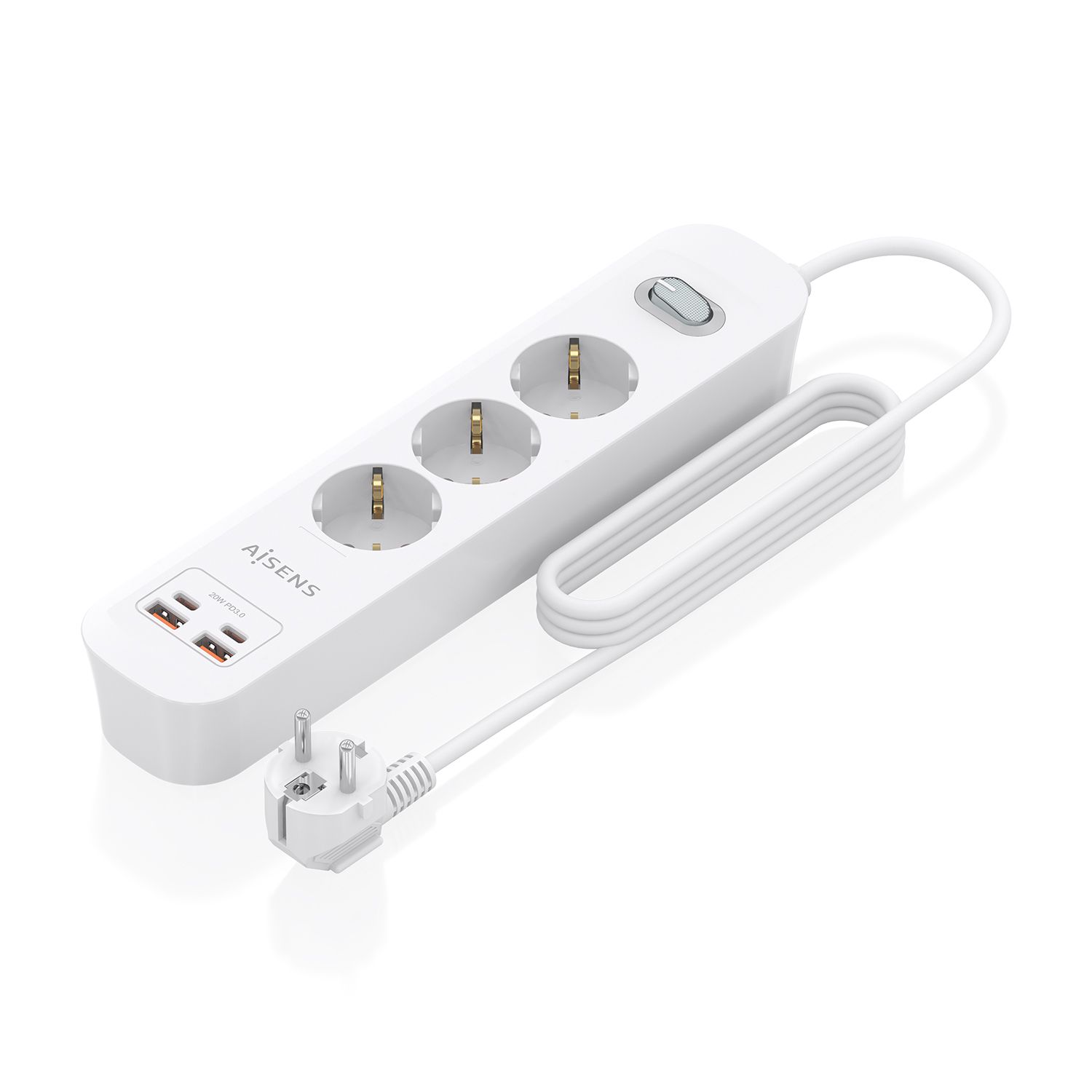 ASPS-2A2C10-W - Regleta AISENS 3 Tomas 2xUSB-C 2xUSB-A PD 3.0 QC 3.0 Cable 1.4m Blanca (ASPS-2A2C10-W)