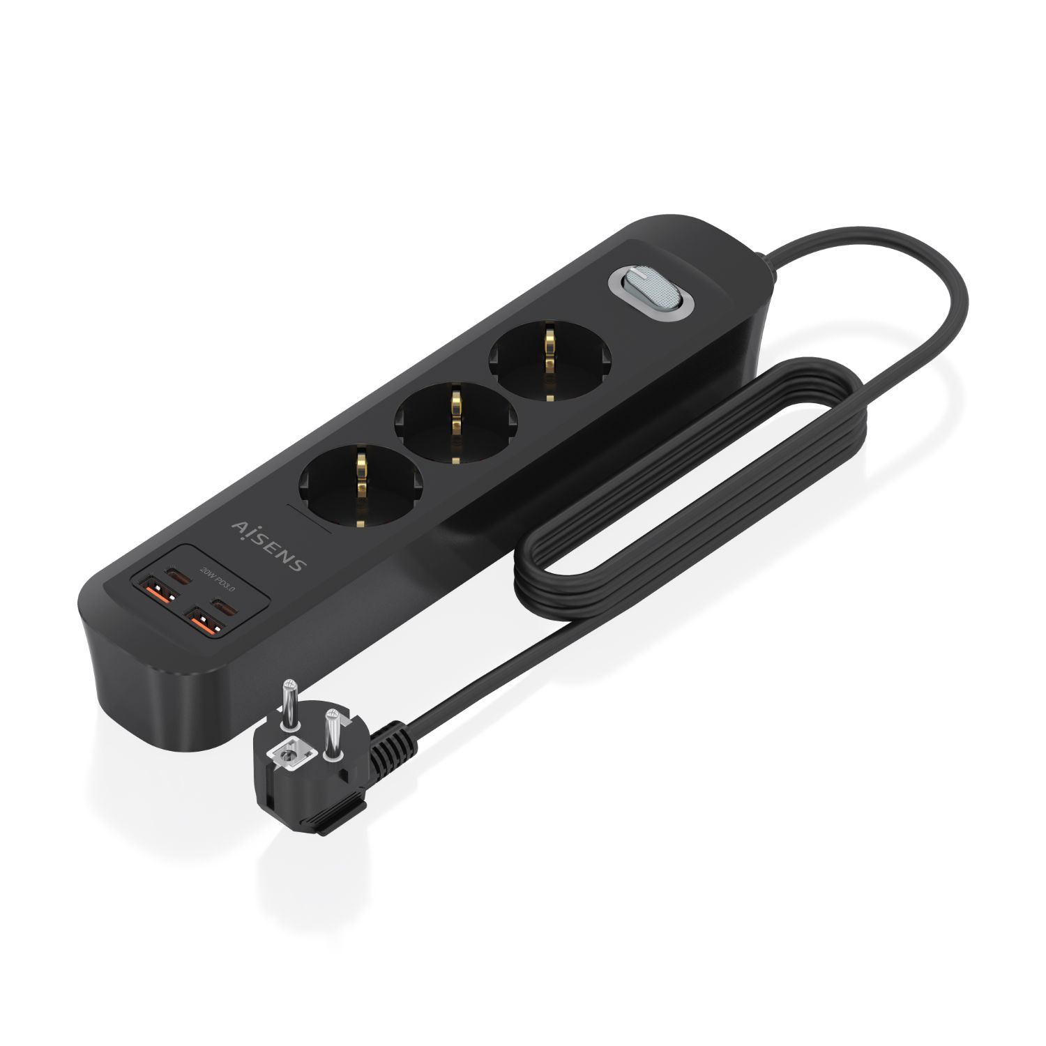 ASPS-2A2C11-BK - Regleta AISENS 3 Tomas 2xUSB-C 2xUSB-A PD 3.0 QC 3.0 Cable 1.4m Negra (ASPS-2A2C11-BK)