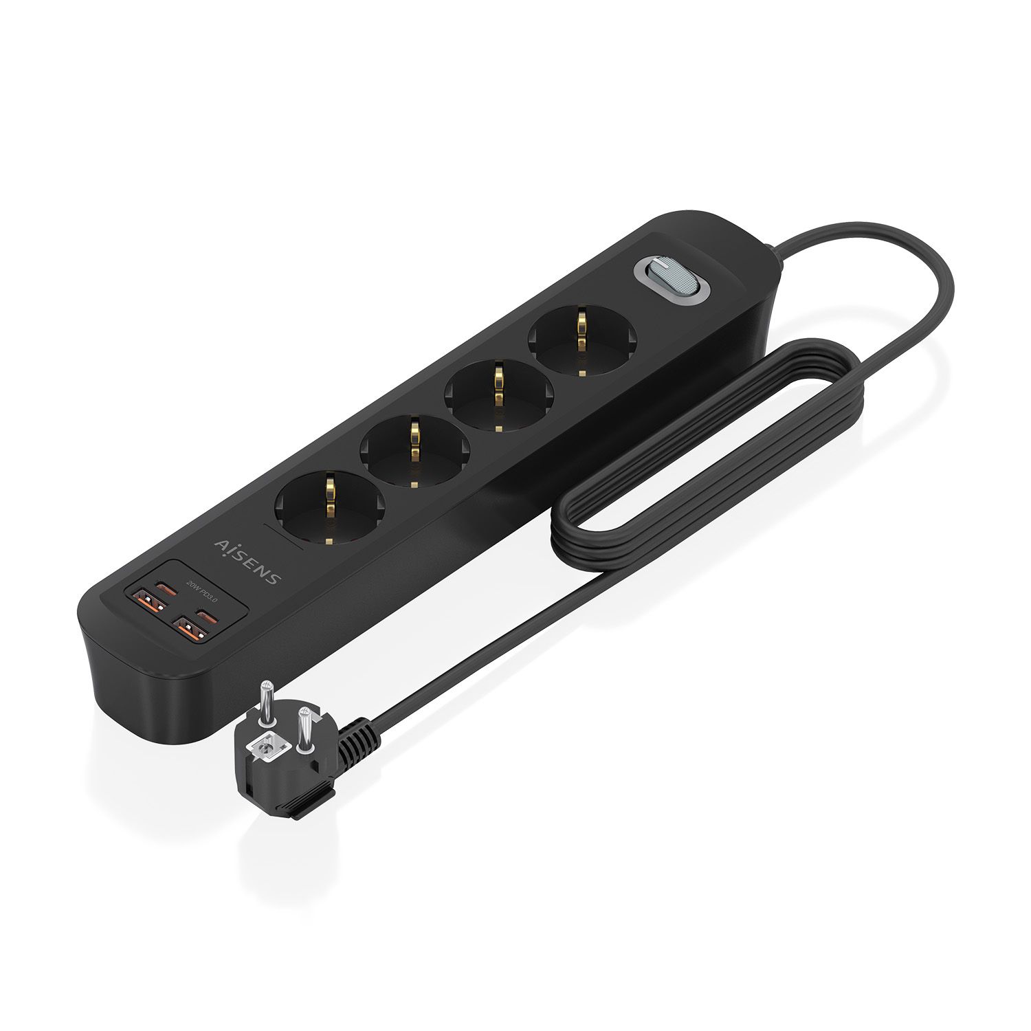ASPS-2A2C13-BK - Regleta AISENS 4 Tomas 2xUSB-C 2xUSB-A PD 3.0 QC 3.0 Cable 1.4m Negra (ASPS-2A2C13-BK)