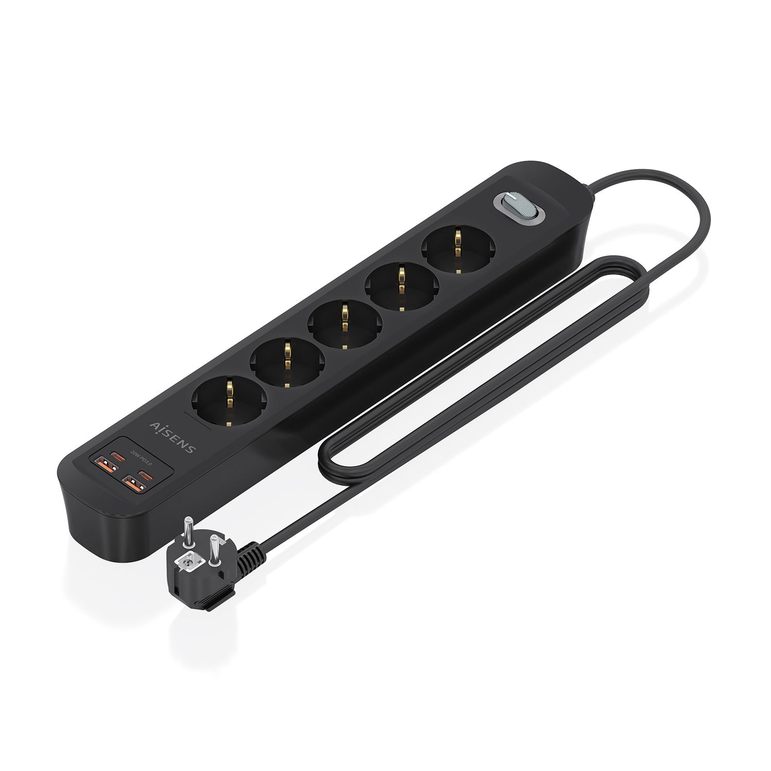 ASPS-2A2C15-BK - Regleta AISENS 5 Tomas 2xUSB-C 2xUSB-A PD 3.0 QC 3.0 Cable 1.4m Negra (ASPS-2A2C15-BK)