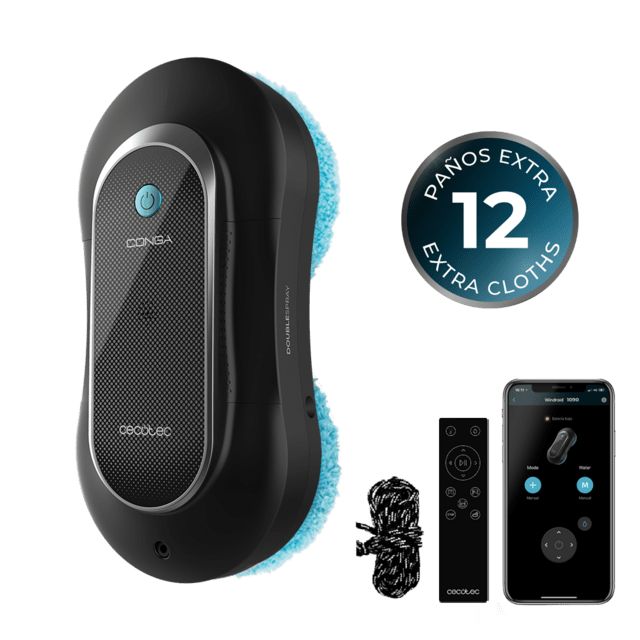 A01_EU01_100140 - Robot limpiacristales Cecotec Conga Windroid 1090 Double Spray Connected, 3 en 1: pulveriza, limpia y seca. Pulveriza con spray en cada lateral. 8 modos de limpieza. Incluye app y mando para un control total de movimiento. 12 mopas. (A01_EU01_100140)