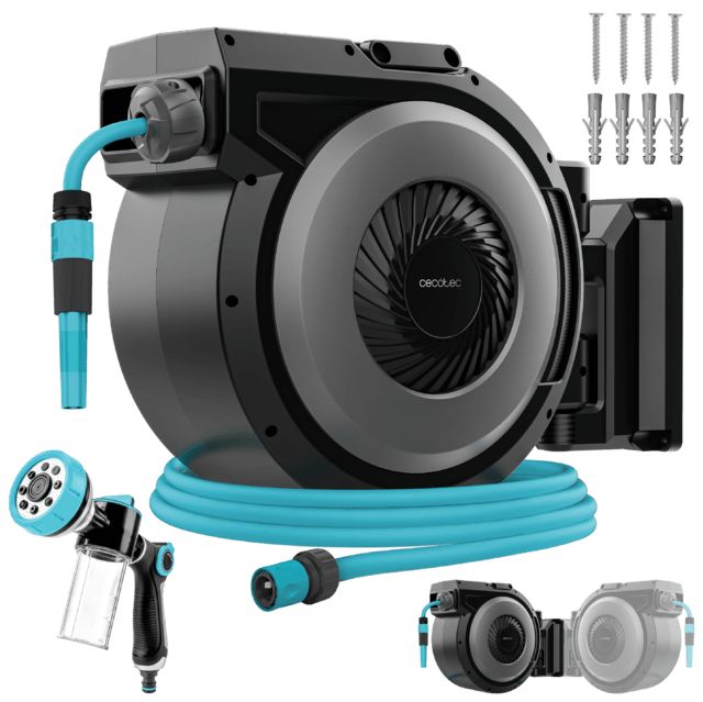 A01_EU01_114307 - Manguera Cecotec HydroShell 300 Pro, con carrete, 30m, Enrollador autom�tico con SlowReturn y Smooth Technology. Dise�o port�til y ergon�mico. Incluye pistola pulverizadora con tanque para jab�n y 8 funciones. (A01_EU01_114307)