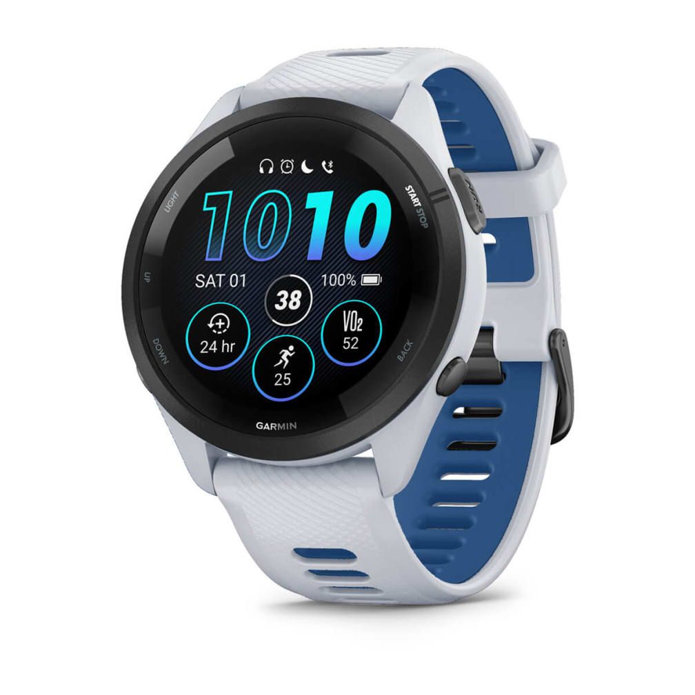 010-02810-11 - Smartwatch Garmin Forerunner 265 AMOLED Digital T�ctil Color 1.3? 46mm 8Gb Multideporte WiFi Bluetooth GPS Cuerpo Blanco/Negro Correa Silicona Blanca/Azul (010-02810-11)