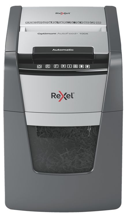 2020100XEU - Destructora autom�tica REXEL Optimum AutoFeed 100X P-4, hasta 100hojas A4 a la vez, papelera extra�ble de 34L. Tritura grapas y clips. (2020100XEU)