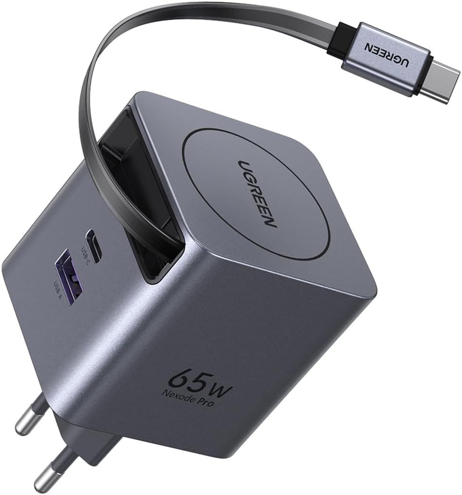 65825 - Cargador Ugreen GaN 65W 1xUSB-A 1xUSB-C Carga R�pida Cable Retr�ctil Gris (65825)