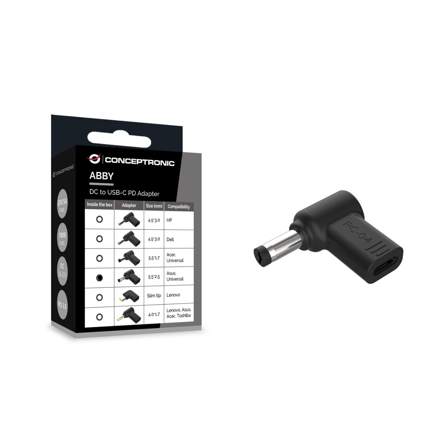 ABBY15PC04 - Adaptador USb CONCEPTRONIC USB-C a DC Asus/Universal 5.5x2.5mm 18-20V (ABBY15PC04)