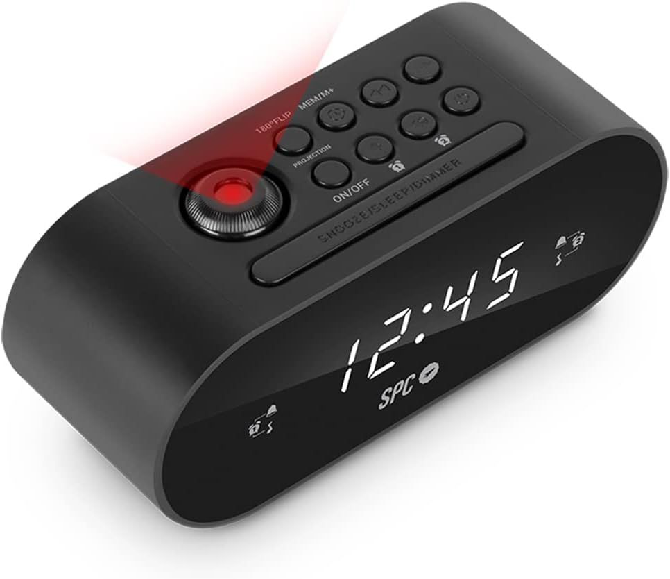 4586N - Radiodespertador SPC FRODI MAX pantalla LED, y funcin para ver la hora reflejada en techo. Incorpora un compartimento para una pila de reserva y asegurarte as de que siempre suena, aunque no est conectado a la red. (4586N)