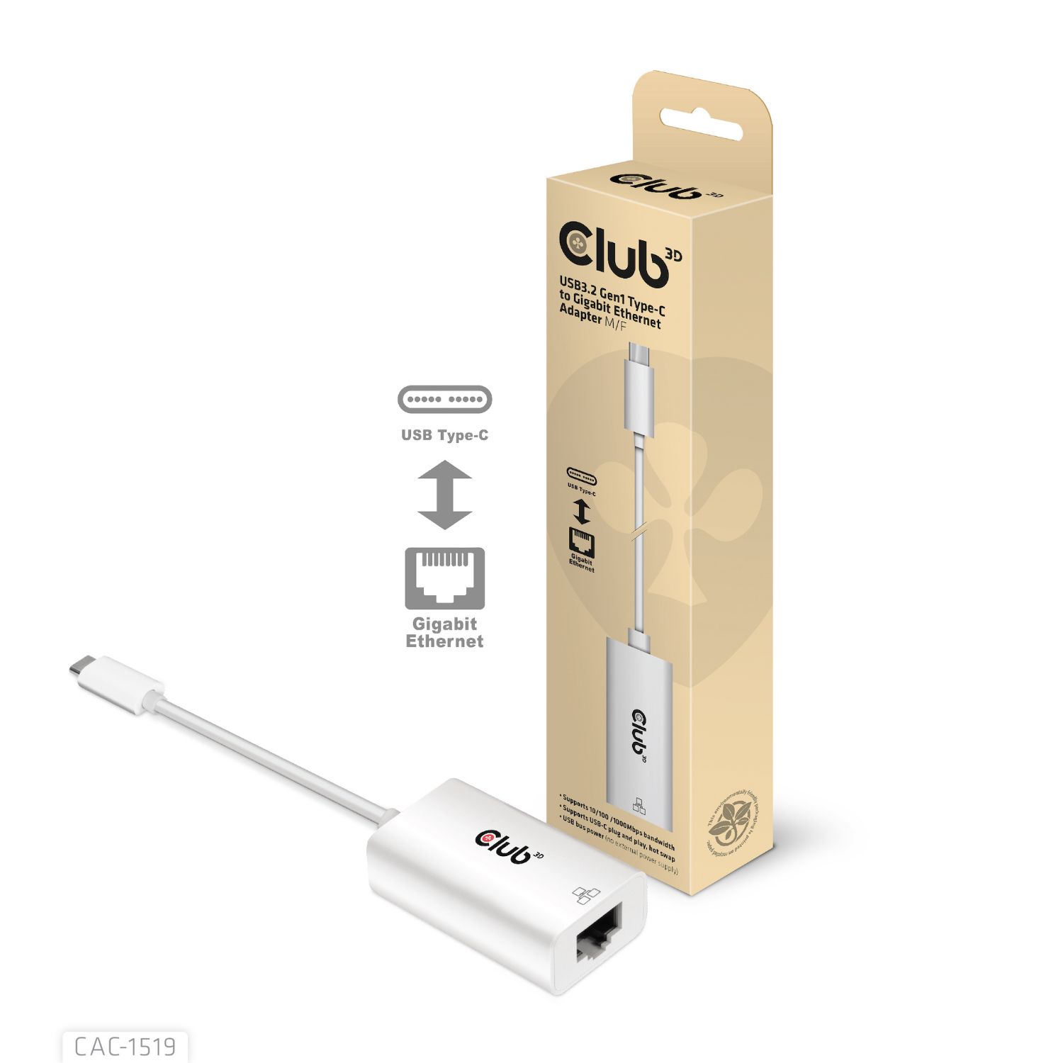 CAC-1519 - Adaptador Club 3D USB-C/M a RJ45/H Ethernet GbE Blanco (CAC-1519)