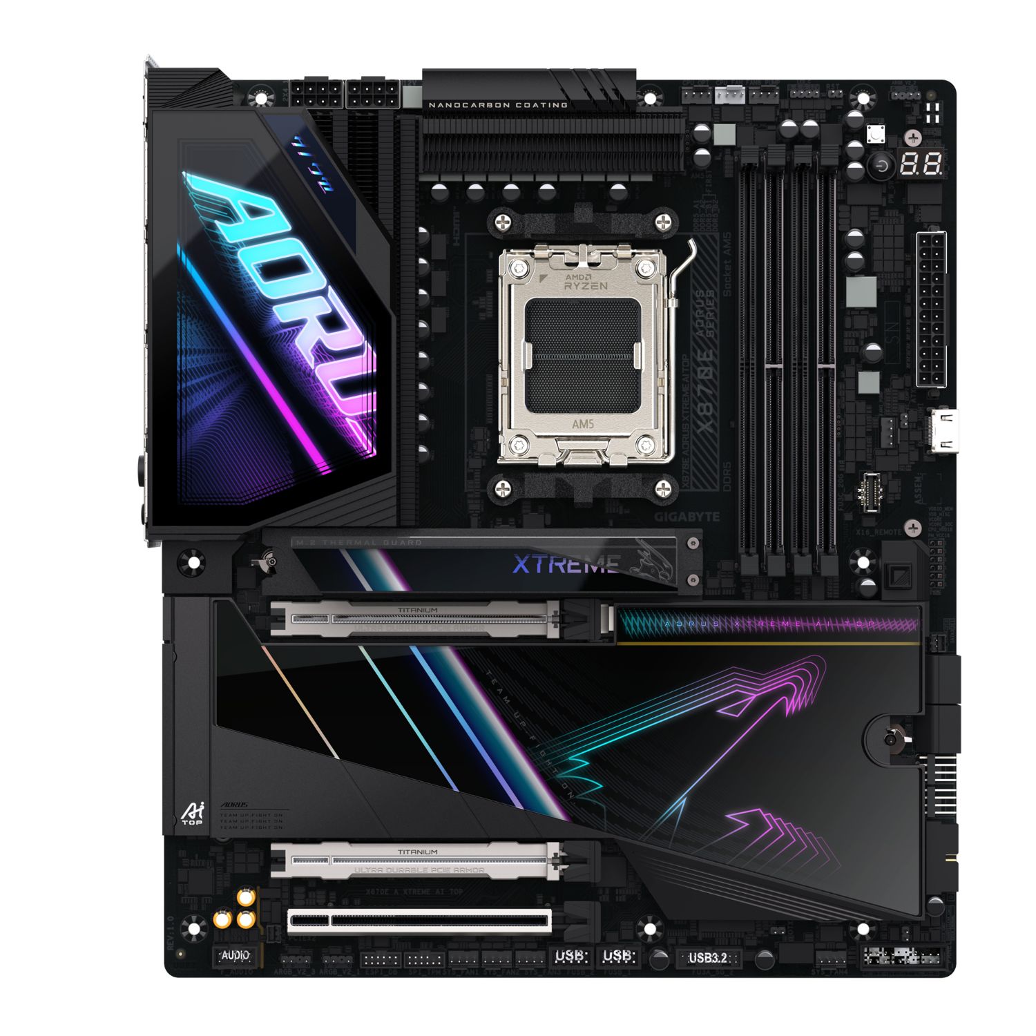9AX87EXAT-00-G10 - Placa base GIGABYTE X870E AORUS XTREME AI TOP:(AM5) 4DDR5 M.2 SATA3 PCIe USB 2.0 USB-A 3.1 USB-C 4.0 DP HDMI RJ45 7.1 ATX WiFi 7 Bluetooth 5.3 Ethernet 10GbE