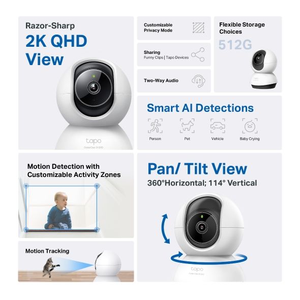 TC72 - Cmara IP TP-Link 2K QHD 4mp H.264 360 WiFi Deteccin de Movimientos por IA Micrfono/Altavoces Integrados Interior Visin Nocturna LED/IR 9m Techo/Escritorio Blanca (TC72)