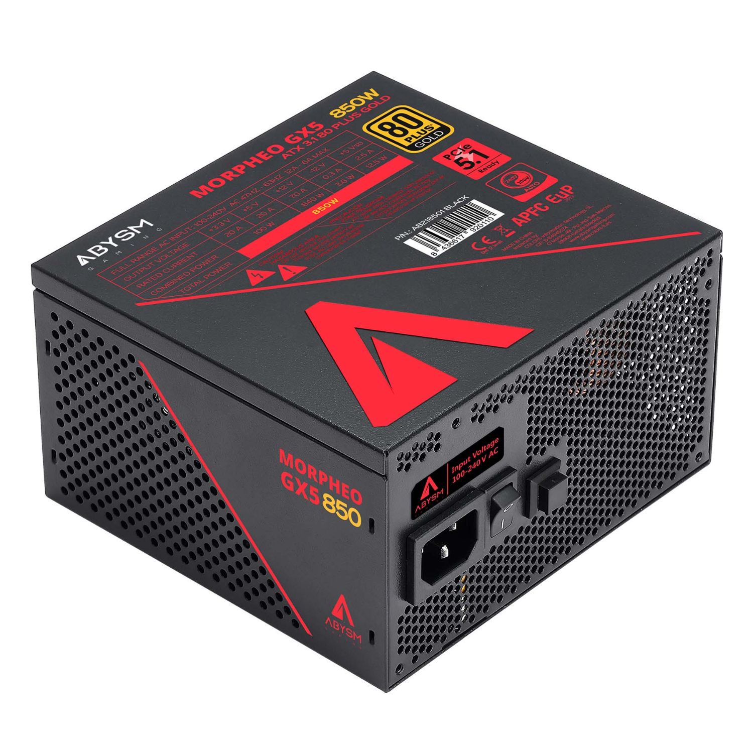 AB218501B - Fuente Abysm Morpheo GX5 ATX 850W Full Modular APFC 120mm 20+4 pin ATX EPS 4xMolex 8xSATA 3xPCIe 80+ Gold Negra/Roja (AB218501B)