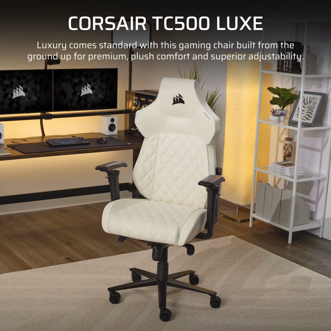 CF-9010067-WW - Silla Gaming CORSAIR TC500 Luxe Frost, confeccionada en tela transpirable Beige, Asiento y respaldo acolchados, Reposabrazos Omniflex, Almohada para el cuello desmontable, Soporte lumbar integrado. (CF-9010067-WW)