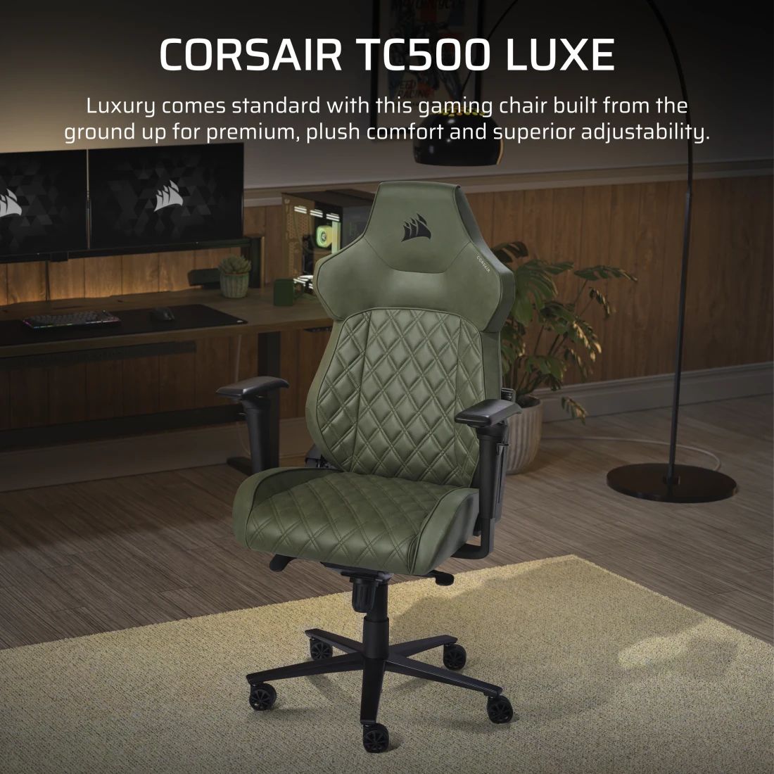CF-9010068-WW - Silla Gaming CORSAIR TC500 Luxe Sherwood, confeccionada en tela transpirable Verde, Soporte lumbar integrado, Reposabrazos Omniflex, Almohada para el cuello desmontable. (CF-9010068-WW)