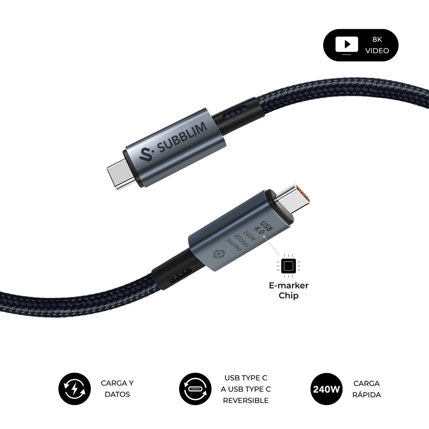SUBCAB-C24010 - Cable SUBBLIM USB-C 4.0 8K a USB-C 240W 1.5m Negro (SUBCAB-C24010)