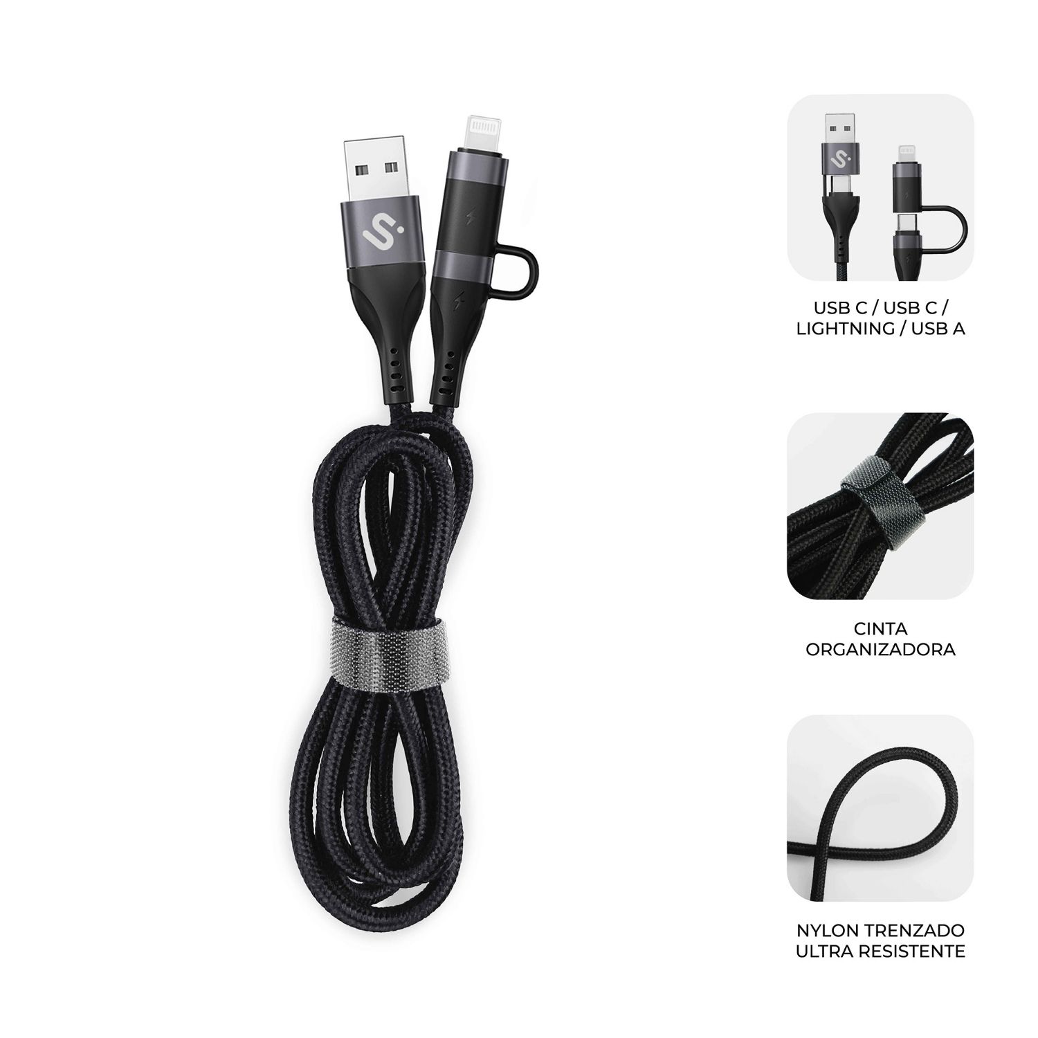 SUBCAB-4IN101 - Cable SUBBLIM USB-A/C/C/Lightning 60W 1m Negro (SUBCAB-4IN101)
