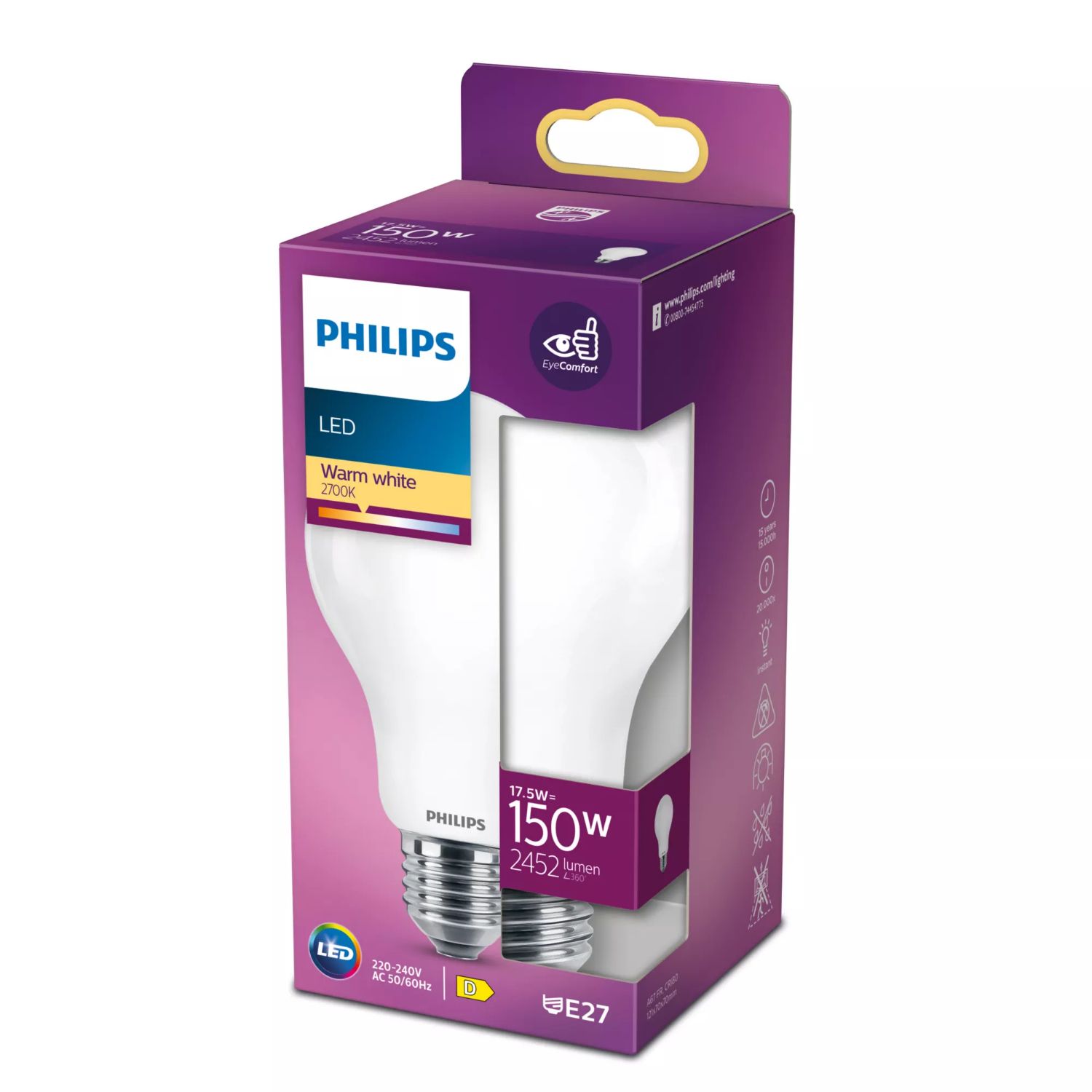 929002372601 - Bombilla LED Philips modelo de 150W, casquillo E27, luz clida (WW), acabado mate difuso, no regulable. Ideal para uso domstico o profesional. (929002372601)