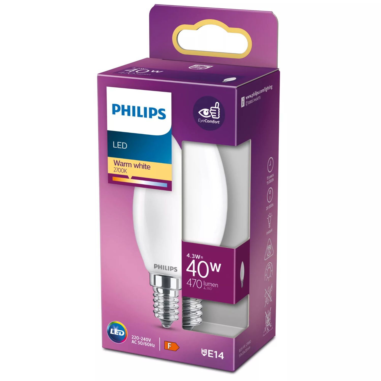 929001345355 - Bombilla LED Philips modelo casquillo E14, luz clida (WW), acabado mate difuso, no regulable. Ideal para uso domstico o profesional. (929001345355)