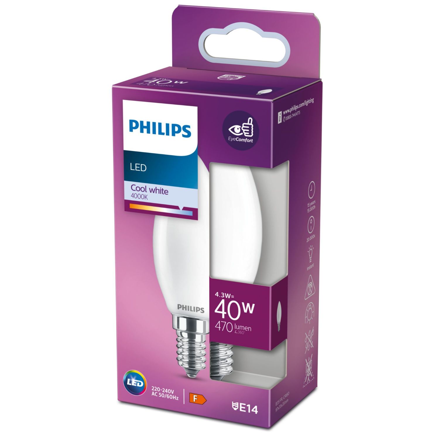 929002027028 - Bombilla LED Philips modelo casquillo E14, luz fra (CW), acabado mate difuso, no regulable. Ideal para uso domstico o profesional. (929002027028)
