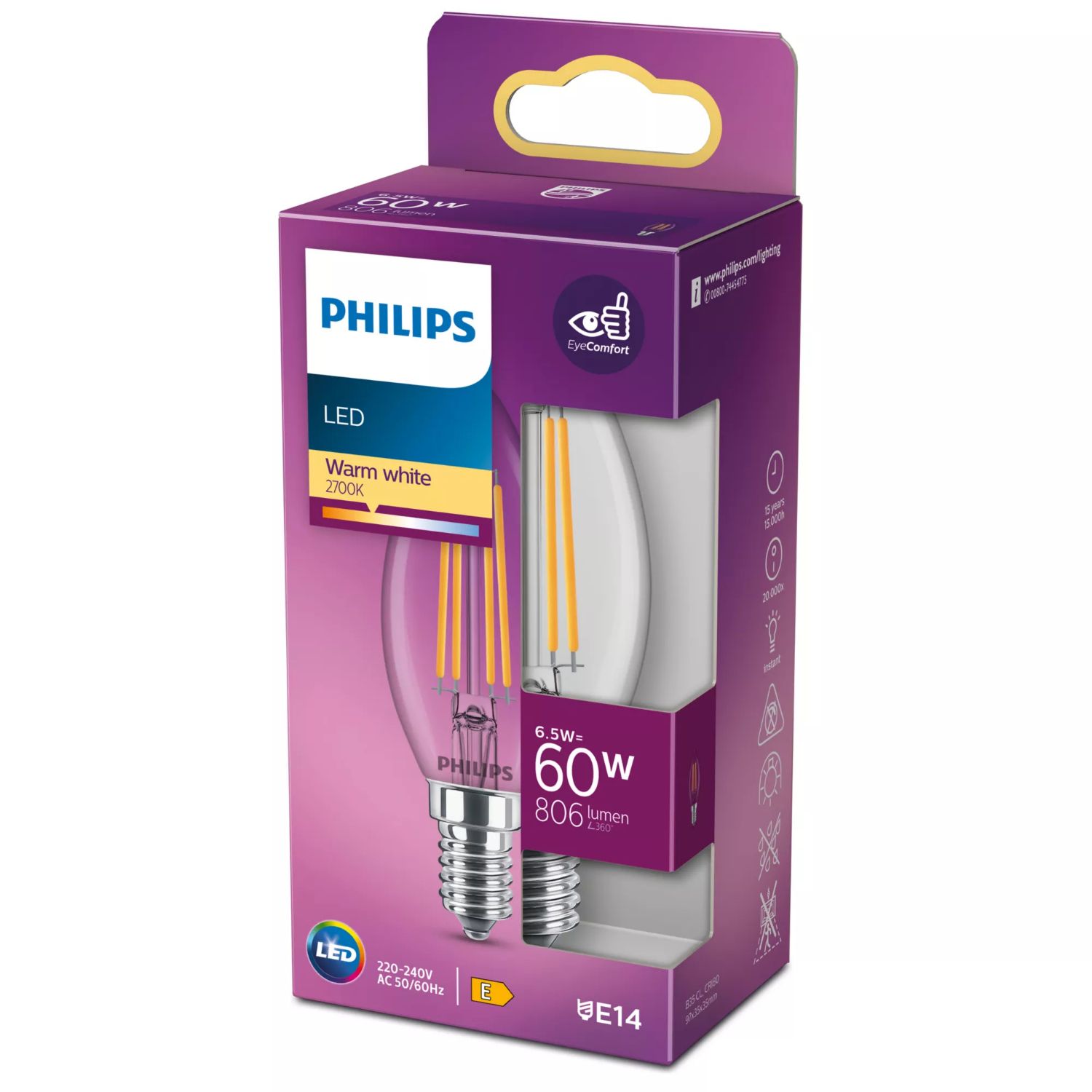 929002028055 - Bombilla LED Philips modelo de 60W, casquillo E14, luz clida (WW), acabado claro, no regulable. Ideal para uso domstico o profesional. (929002028055)