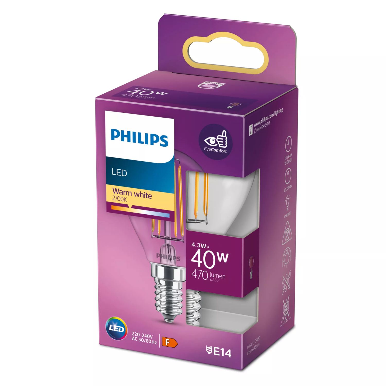 929001890455 - Bombilla LED Philips modelo casquillo E14, luz clida (WW), acabado claro, no regulable. Ideal para uso domstico o profesional. (929001890455)