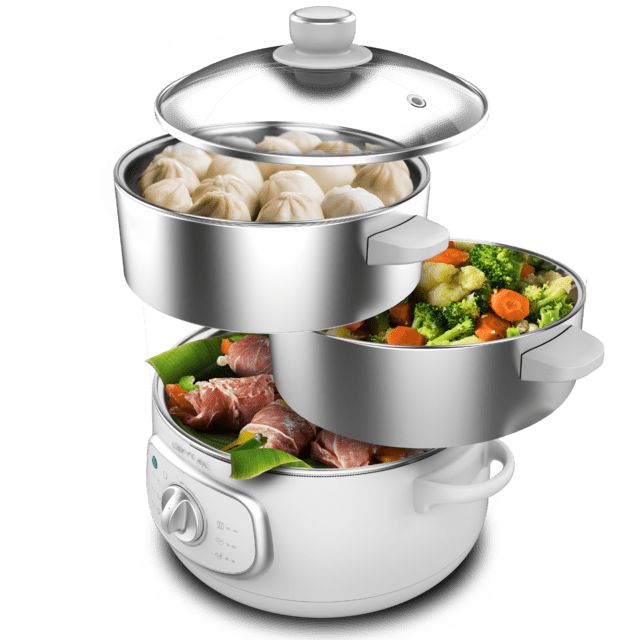 A01_EU01_100630 - Vaporera elctrica CECOTEC Vapovita SteelPot, 1300W, con 3 recipientes de acero inoxidable y 10L de capacidad total. Blanco. (A01_EU01_100630)