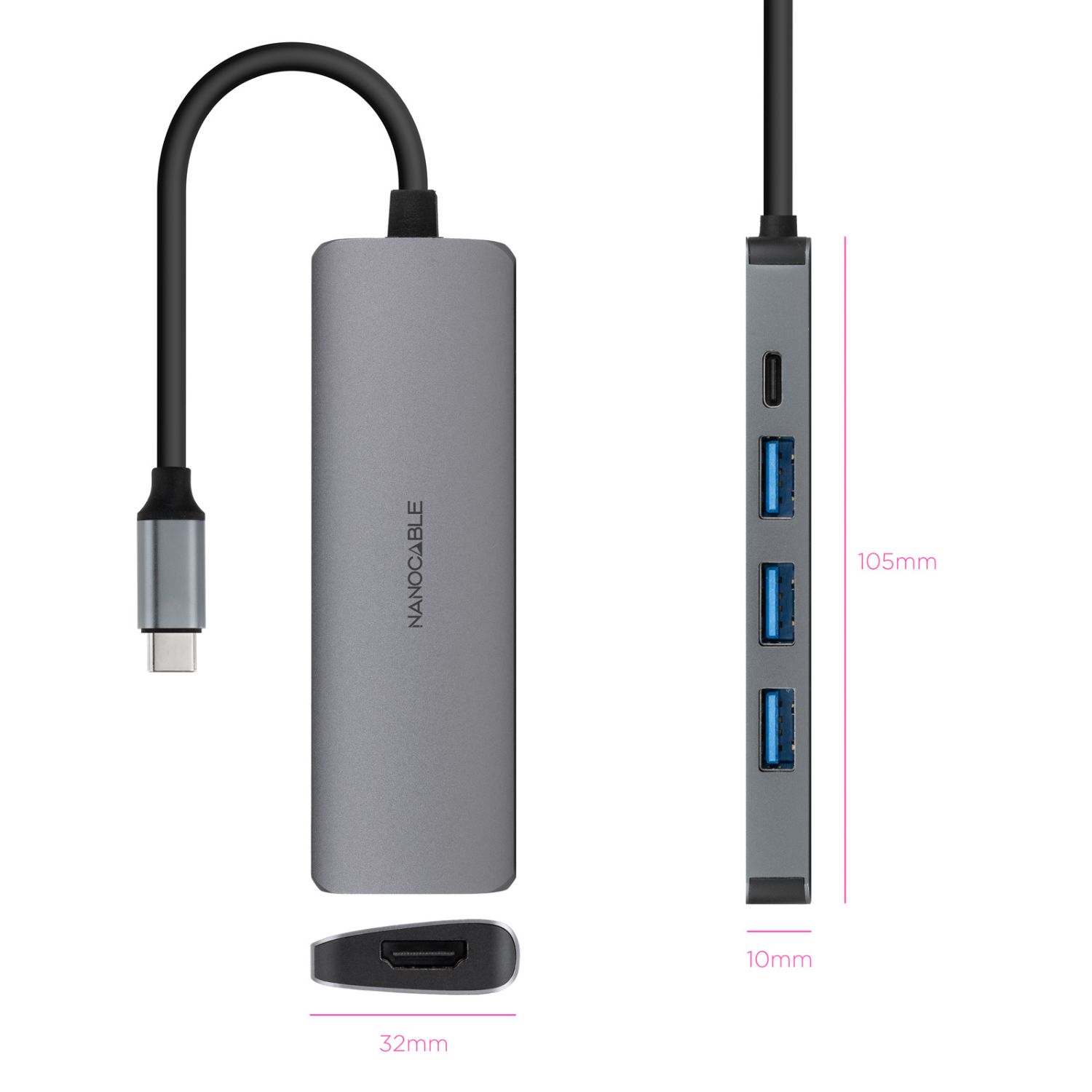 10.16.4605 - Docking Nanocable Usb-C a 3Usb-A/HDMI 4K/Usb-C PD. Gris (10.16.4605)